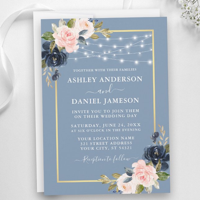 Dusty Blue Pink Blush Floral String Lights Wedding Invitation (Customize to change text size or text style.)
