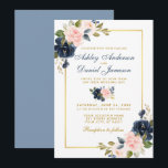 Dusty Blue Pink Blush Floral Wedding Gold Frame Invitation<br><div class="desc">Elegant Watercolor Dusty Blue Pink Blush Floral,  Gold Frame Wedding Invitation Card</div>
