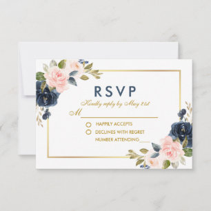Dusty Blue Pink Blush Floral Wedding Gold RSVP