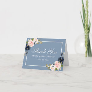 Dusty Blue Pink Blush Floral Wedding Note Thank You Card