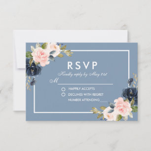 Dusty Blue Pink Blush Floral Wedding RSVP Card