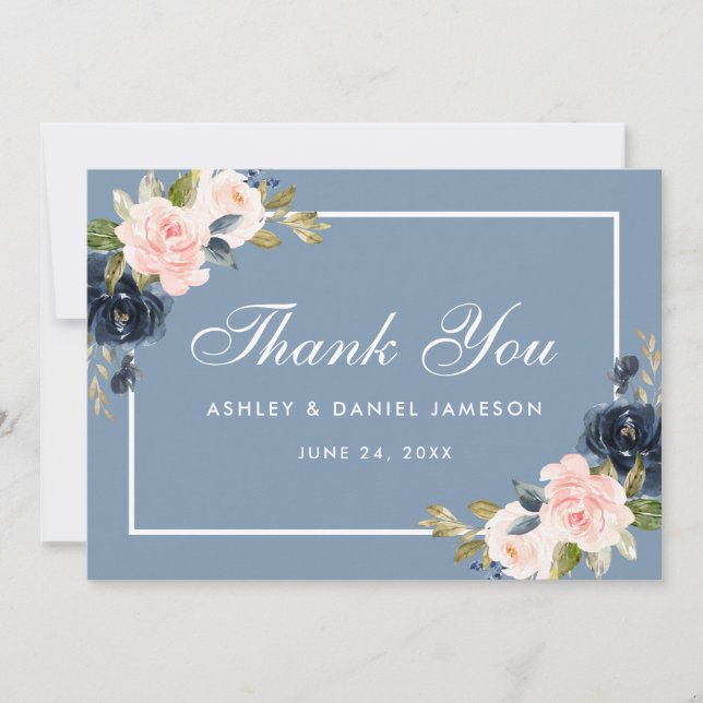 Dusty Blue Pink Blush Floral Wedding Thank You Card (Front)