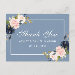 Dusty Blue Pink Blush Floral Wedding Thank You Postcard