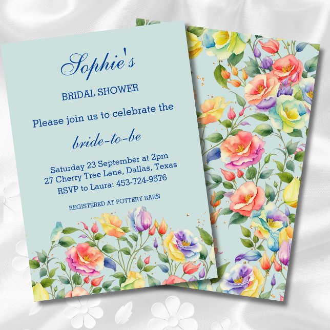 Dusty Blue Pink Bright Floral Roses Bridal Shower Invitation (Creator Uploaded)