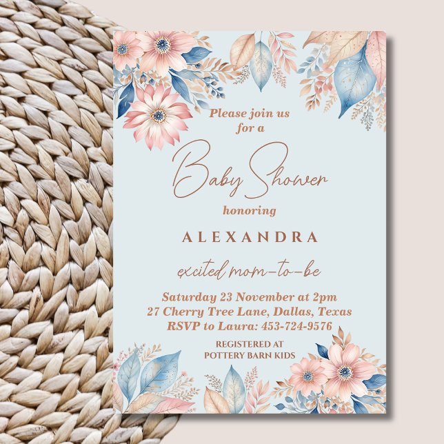Dusty Blue Pink Floral Boho Chic Baby Shower Invitation (Creator Uploaded)