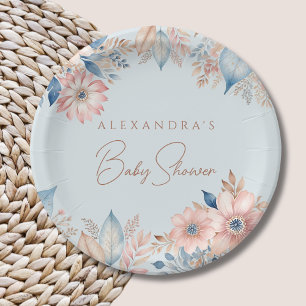 Dusty Blue Pink Floral Boho Chic Baby Shower Paper Plate