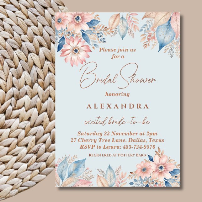 Dusty Blue Pink Floral Boho Chic Bridal Shower Invitation (Creator Uploaded)