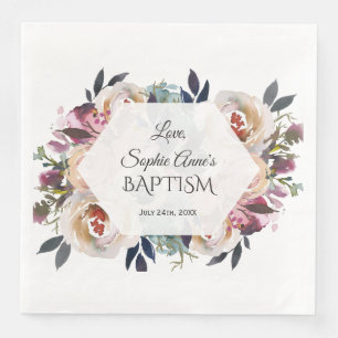 Dusty Blue Pink Floral Bouquet Geometric Baptism Napkin