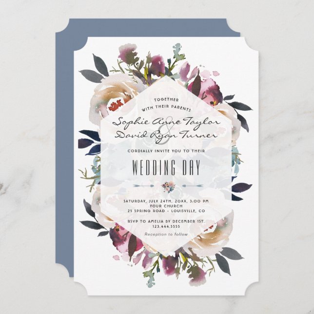 Dusty Blue Pink Floral Bouquet Geometric Wedding Invitation (Front/Back)