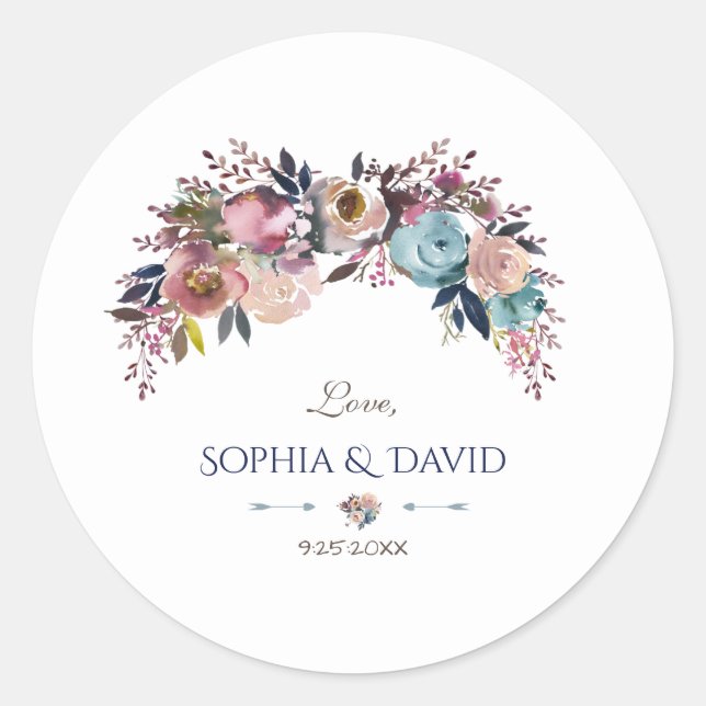 Dusty Blue Pink Floral Bouquet Wedding Classic Round Sticker (Front)