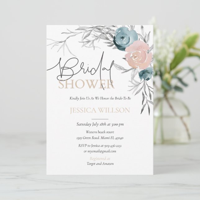 Dusty Blue & Pink Floral Bridal Shower Invitation (Standing Front)