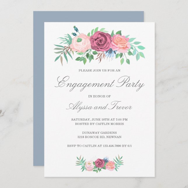 Dusty Blue Pink Floral Elegant Engagement Party Invitation (Front/Back)