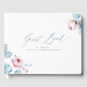 Dusty Blue Pink Floral Elegant Wedding Guest Book