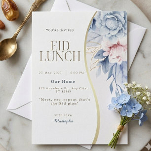 Dusty Blue Pink Floral Gold Curve Eid Lunch Party Invitation