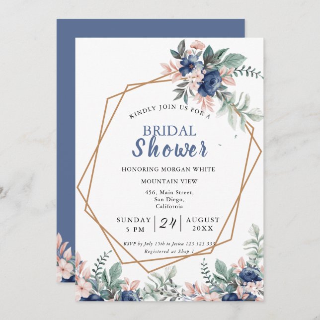 Dusty Blue  Pink Floral Gold Frame Bridal Shower Invitation (Front/Back)