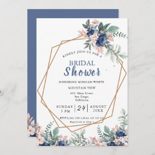Dusty Blue  Pink Floral Gold Frame Bridal Shower Invitation