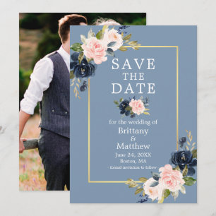 Dusty Blue Pink Floral Gold Photo Save the Date