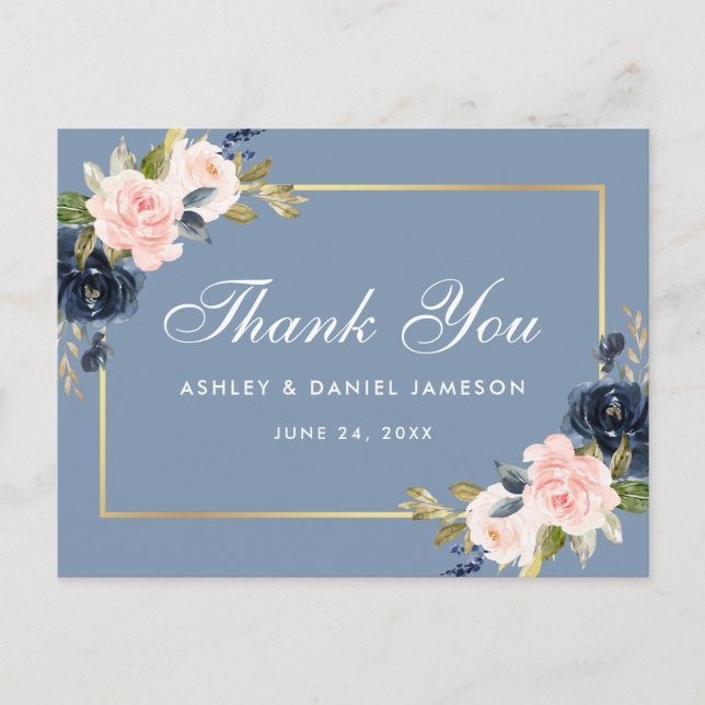 Dusty Blue Pink Floral Gold Wedding Thank You Postcard (Front)