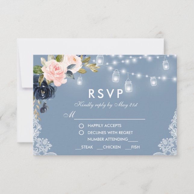 Dusty Blue Pink Floral Lace Lights Wedding Meal RSVP Card (Front)