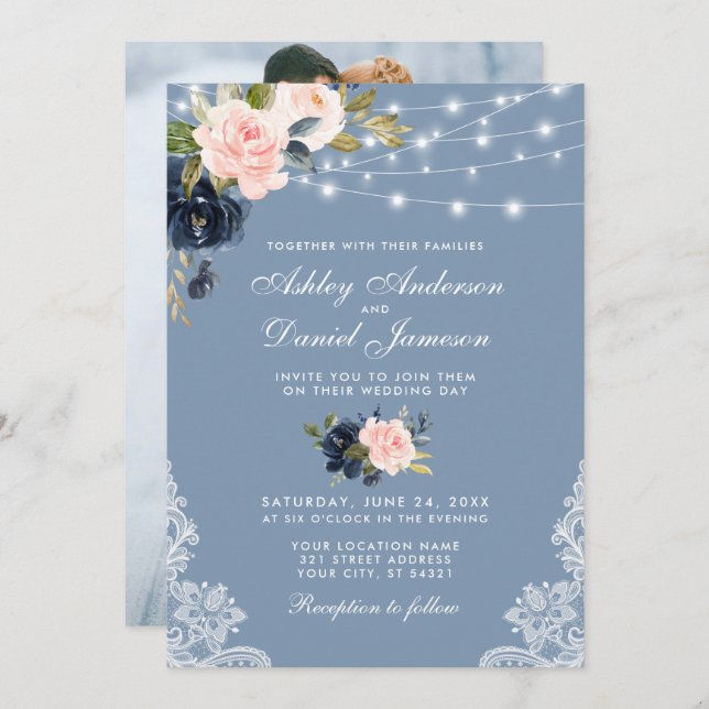 Dusty Blue Pink Floral Lights Lace Photo Wedding Invitation (Front/Back)