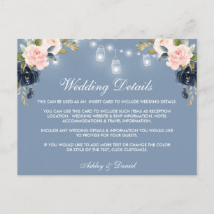 Dusty Blue Pink Floral Lights Wedding Details Card