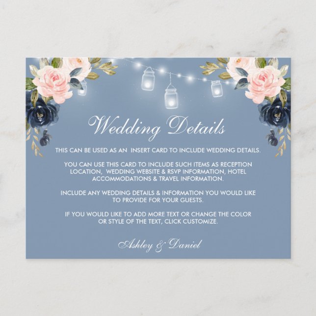Dusty Blue Pink Floral Lights Wedding Details Card (Front)