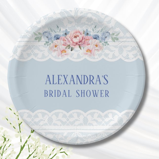 Dusty Blue Pink Floral Romantic Lace Bridal Shower Paper Plate (Creator Uploaded)
