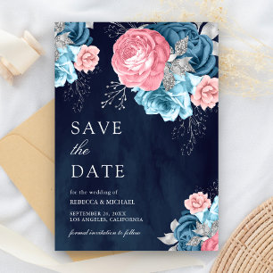 Dusty Blue Pink Floral Rose Navy Wedding Save The Date