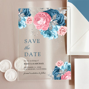Dusty Blue Pink Floral Rose Wedding Save the Date Acrylic Invitations