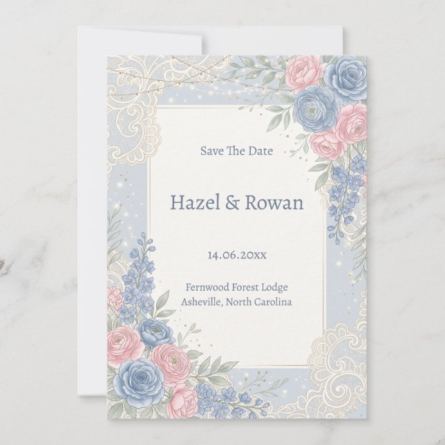 Dusty Blue Pink Floral Save the Date Invitation (Front)
