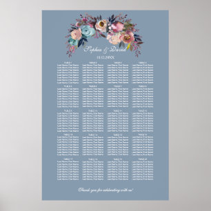 Dusty Blue Pink Floral Seating Chart 160 guests