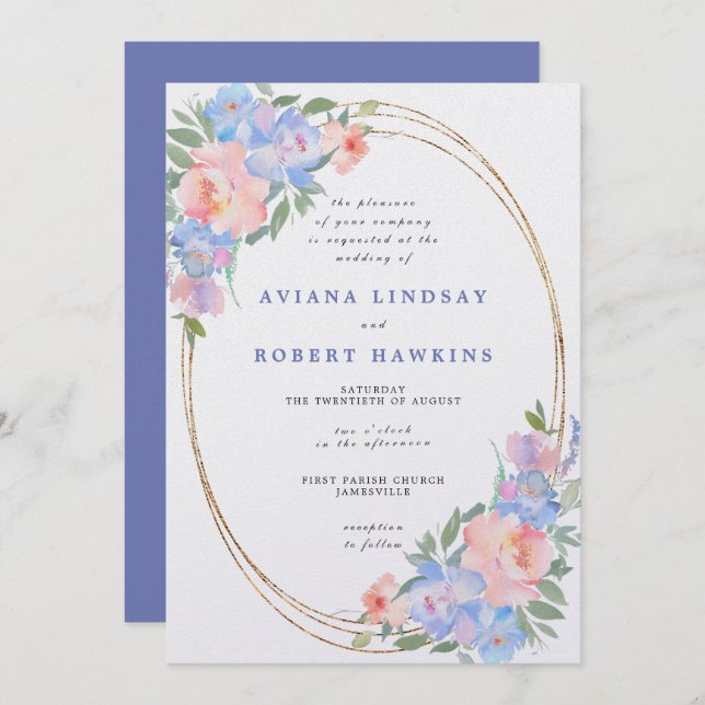 Dusty Blue Pink Floral Watercolor Wedding Invitation (Front/Back)