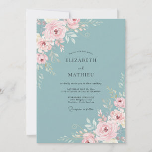Dusty Blue Pink Floral Wedding Invitation