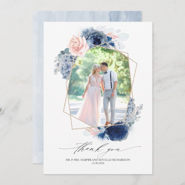 Dusty Blue Pink Floral Wedding Thank You Photo (Front/Back)