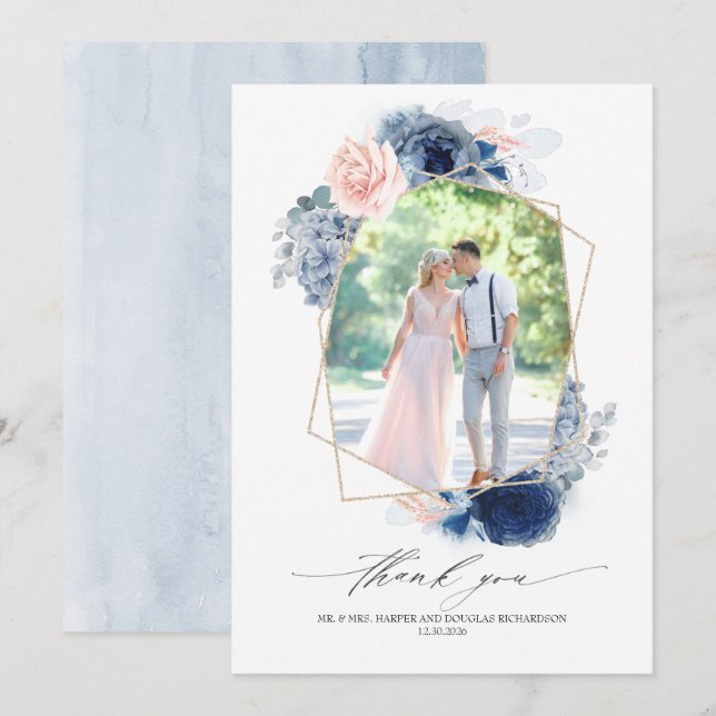 Dusty Blue Pink Floral Wedding Thank You Photo Card (Front/Back)