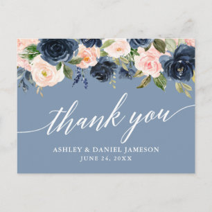 Dusty Blue Pink Floral Wedding Thanks Postcard