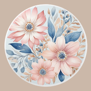 Dusty Blue Pink Flowers Beige Boho Floral Ceramic Knob