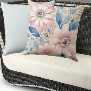 Dusty Blue Pink Flowers Beige Boho Floral Cushion