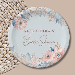Dusty Blue Pink Flowers Boho Chic Bridal Shower Paper Plate