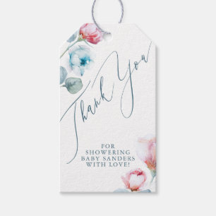 Dusty Blue Pink Flowers Elegant Thank You Gift Tags