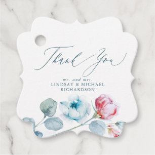 Dusty Blue Pink Flowers Elegant Wedding Thank You Favour Tags