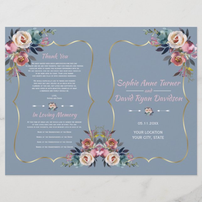 Dusty Blue Pink Flowers Gold Wedding Program (Front)