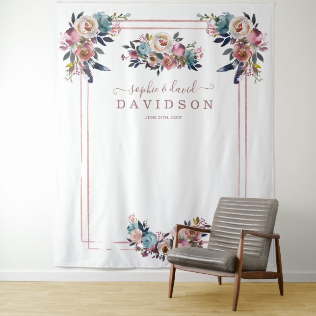 Dusty Blue Pink Flowers Rose Gold Photo Booth Tapestry (In Situ)