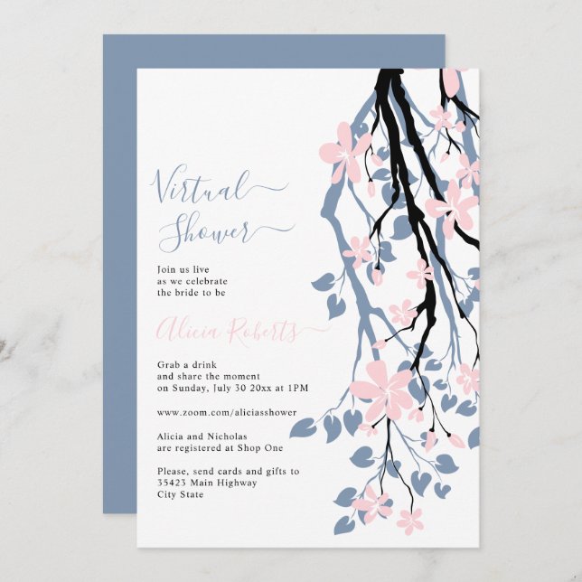 Dusty blue, pink flowers virtual bridal shower invitation (Front/Back)