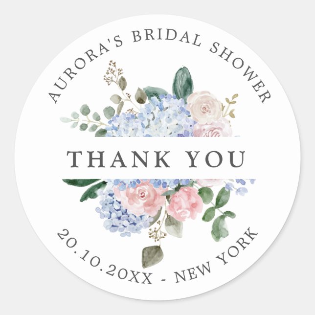 Dusty Blue Pink hydrangeas Bridal shower thank you Classic Round Sticker (Front)