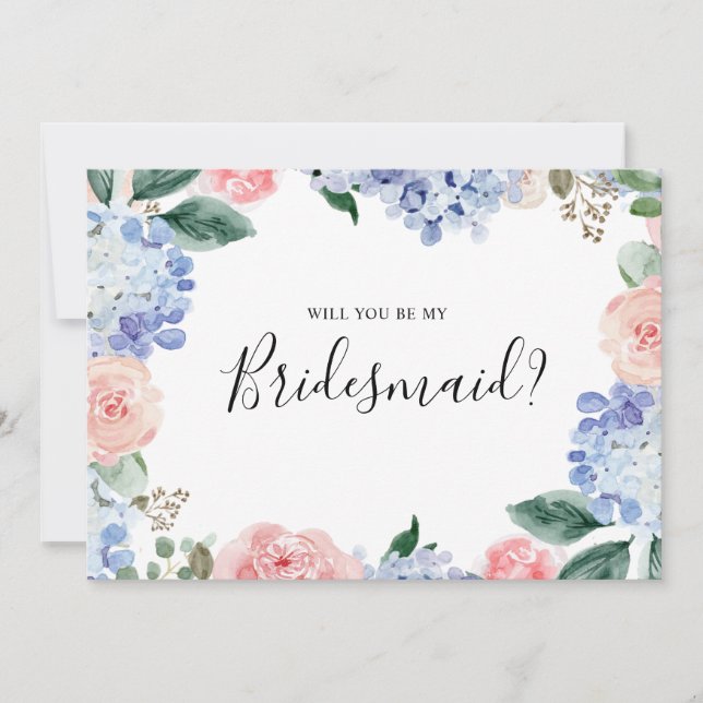 Dusty Blue Pink hydrangeas Bridesmaid Proposal Invitation (Front)