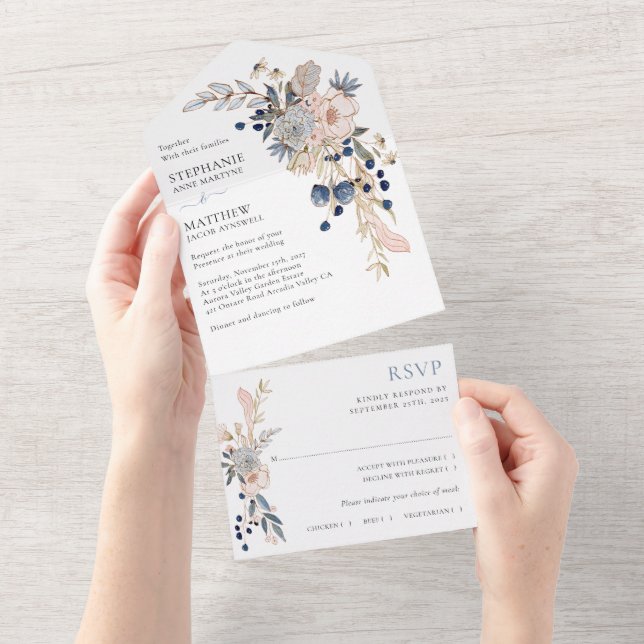 Dusty Blue Pink Modern Botanical Wedding All In One Invitation (Tearaway)
