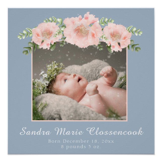 Dusty Blue Pink New Baby Girl Shower Nursery  Post Poster (Front)
