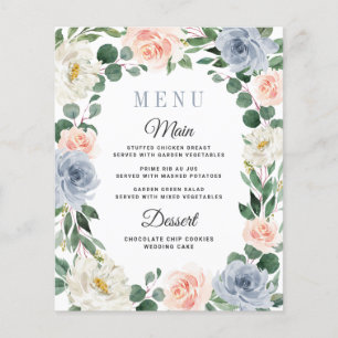 Dusty Blue Pink Peach Floral Wedding Menu Cards