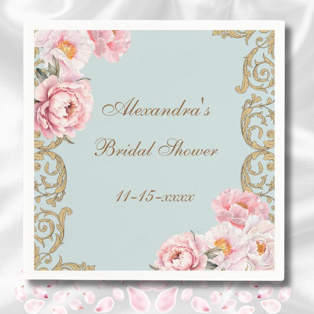 Dusty Blue Pink Peony Vintage Bridal Shower Napkin (Creator Uploaded)